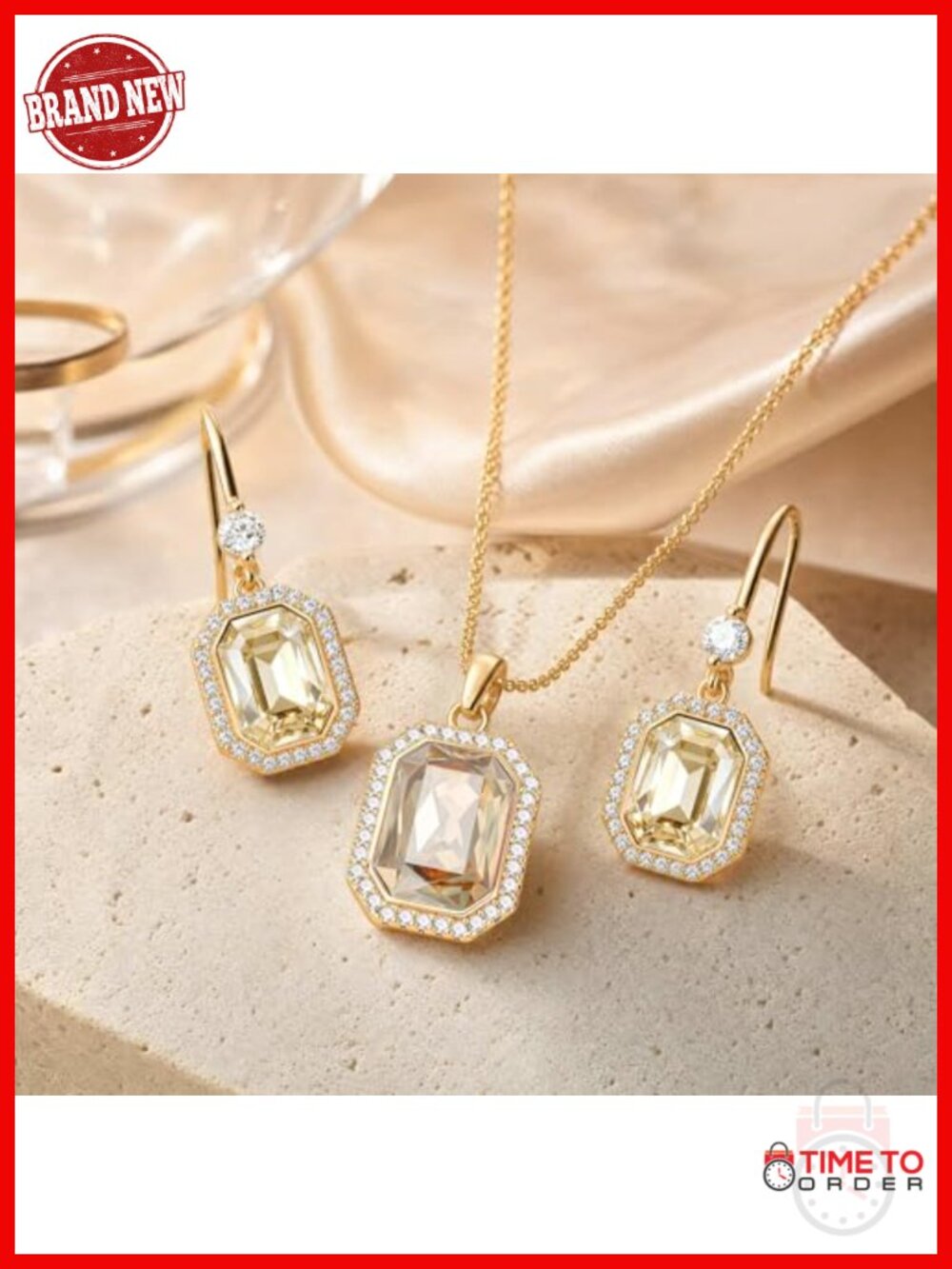 14K Gold-Plated Octagon Austrian Crystal Necklace and Earrings Set with CZ Halo - Picture 4 of 6